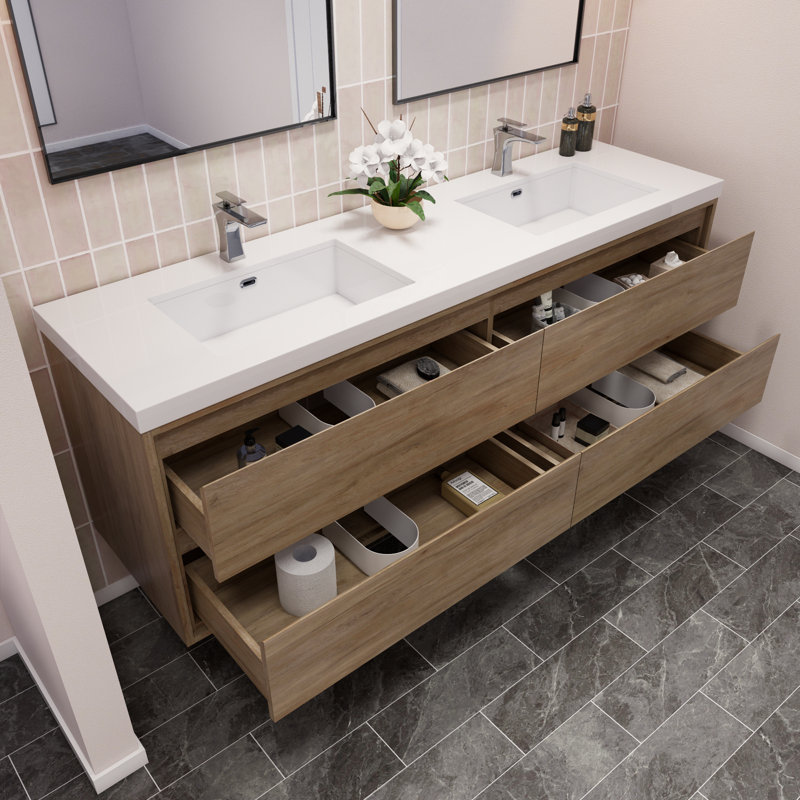 Azden 70.6" Wall-Mounted Double Bathroom Vanity Set, White Oak