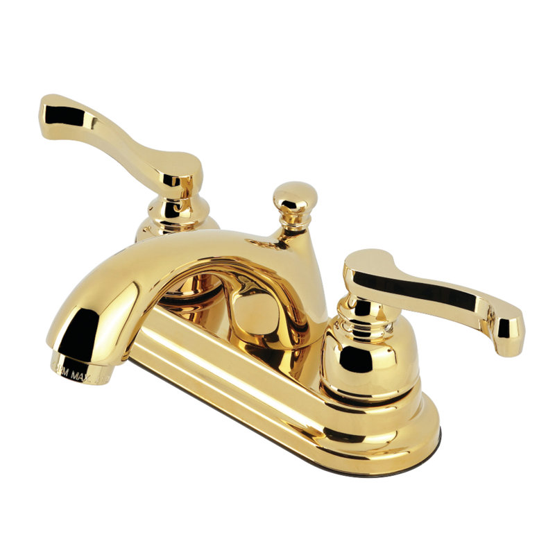 Kingston Brass Royale Two-Handle 3-Hole Deck Mount 4" Centerset Bathroom Faucet with Plastic Pop-Up, Polished Brass
