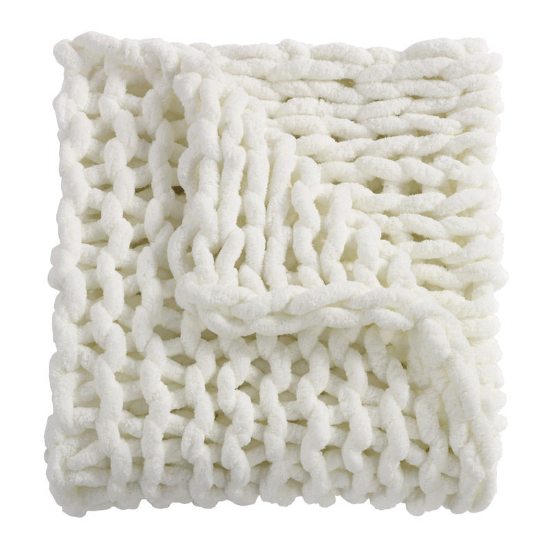 Ivory Knitted Reversible Chenille Throw Blanket