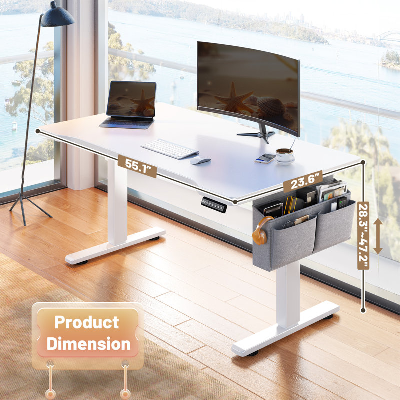 Electric Height Adjustable Standing Desk With Storage, Home Office Computer Desk With Led Lights, White, White
