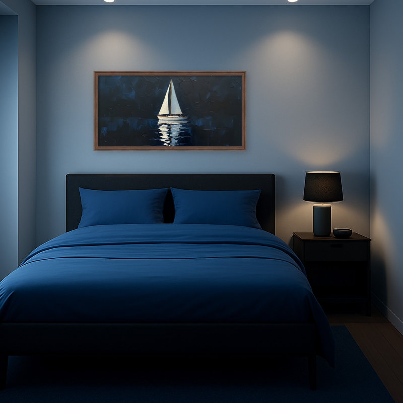 Voilier dans la nuit par Hugo, reproduction d'art sur toile encadrée, Brun moyen Florence