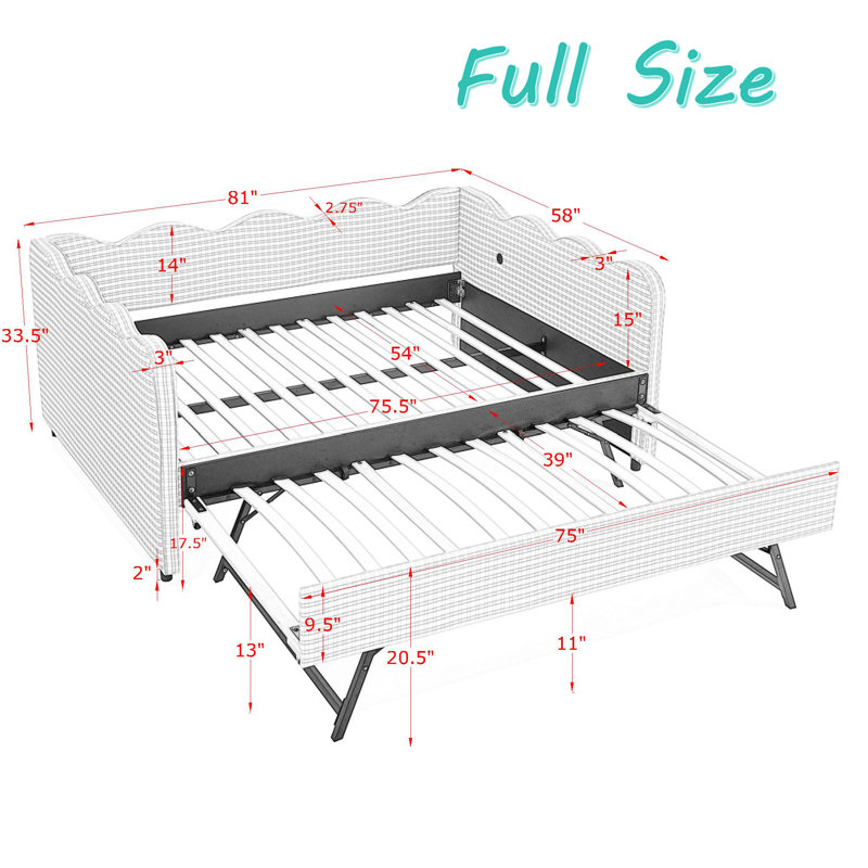 Upholstered Daybed Frame with Trundle and USB Charging, Daybed with Pop Up Trundle for Living Room & Small Spaces,, Pink