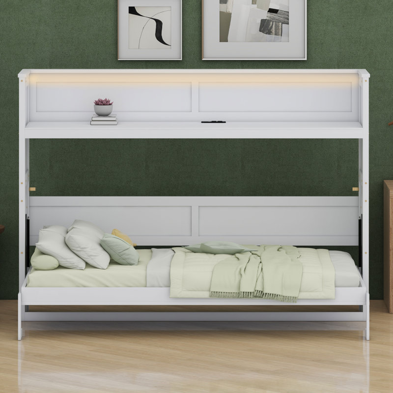 Lit escamotable peu encombrant avec bureau intégré, éclairage DEL et station de charge USB, White