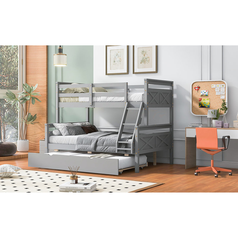 Lit simple superposé au-dessus d'un lit double gris avec lit gigogne sécurisé, Gris