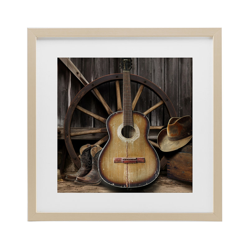 «Rustic Western Guitare» avec chapeau encadré, imprimé par CAD Designs, 16" H x 16" W, Récolte de pin sous cadre en verre