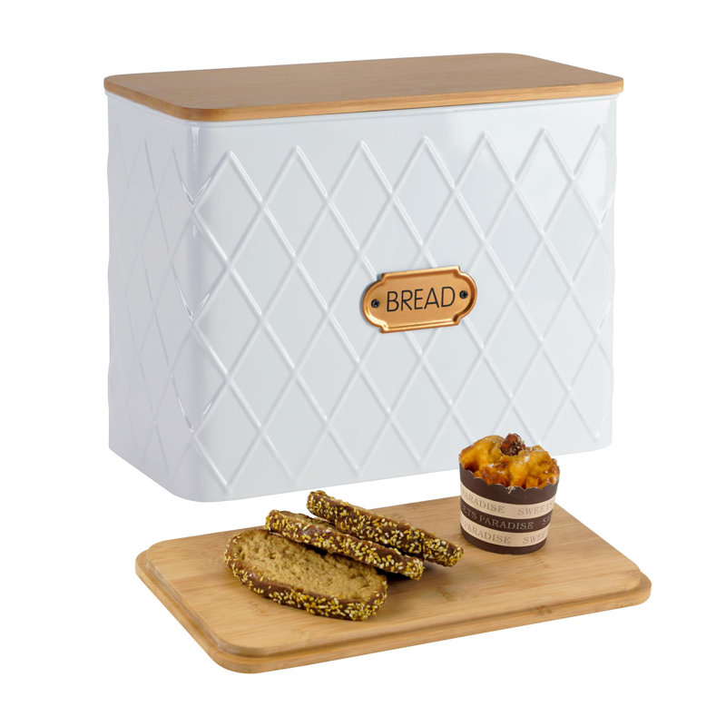Extra Large Bread Box,Metal White Pattern Embossed Bread Storage Container Bin with Bamboo Lid,(Rhombus)