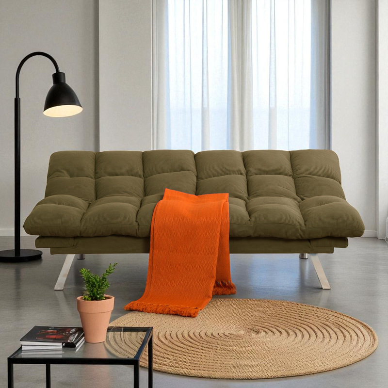  Perdue 67" Corduroy Convertible Futon Sofa Bed With Adjustable Backrest & Armrests, Metal Legs For Small Apartment, Green