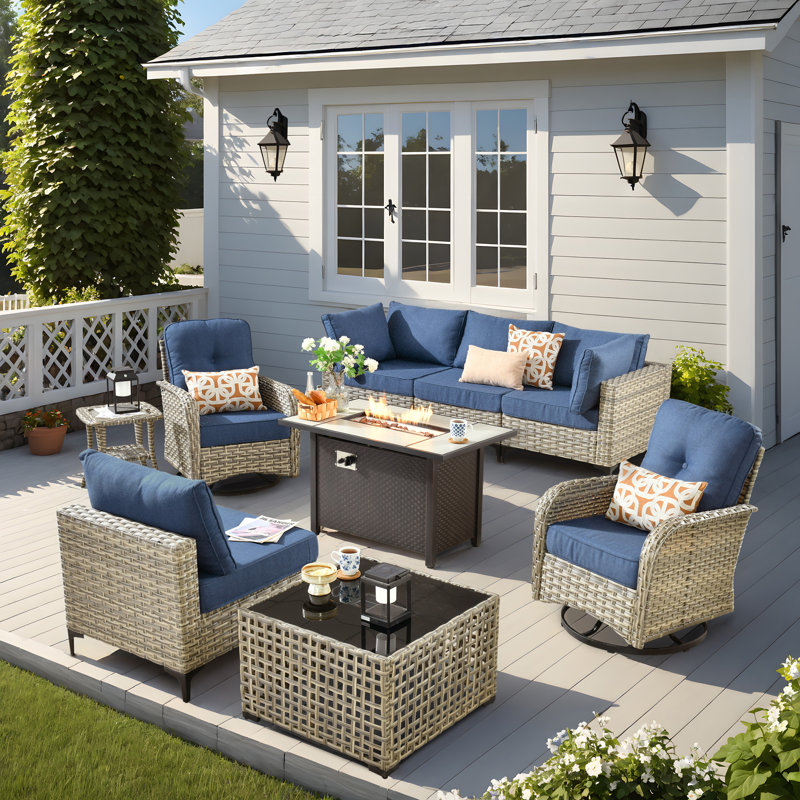 6 Seats High Quality Pe Rattan Outdoor Furniture Sofa With Rocking Chair And Stove, Can Be Freely Combined, Blue