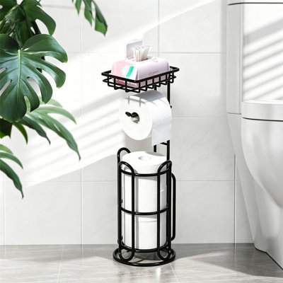 Free-Standing Toilet Paper Holder Stand With Storage Shelf - Black
