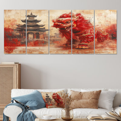 Red And Grey Dragons Lion Dance - Dragons Wall Decor Set