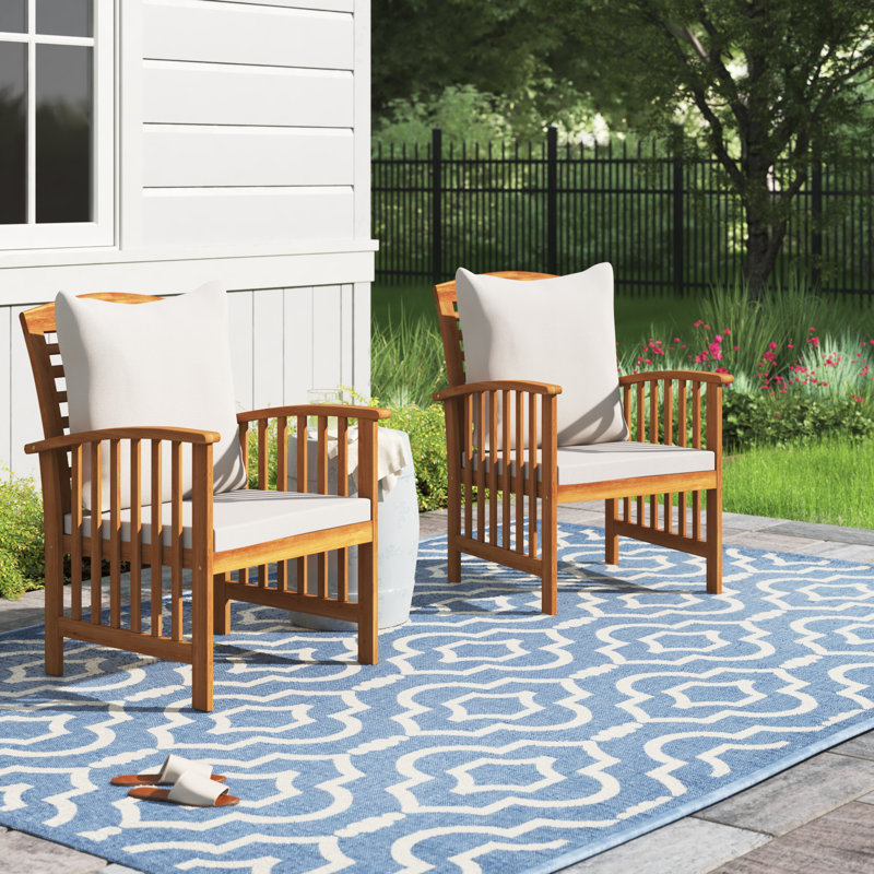 vidaXL Outdoor Dining Chairs, Set of 2, Solid Acacia Wood, with White Cushions, Natural Finish Slatted Design, for Garden Patio Contemporary Wooden Seating