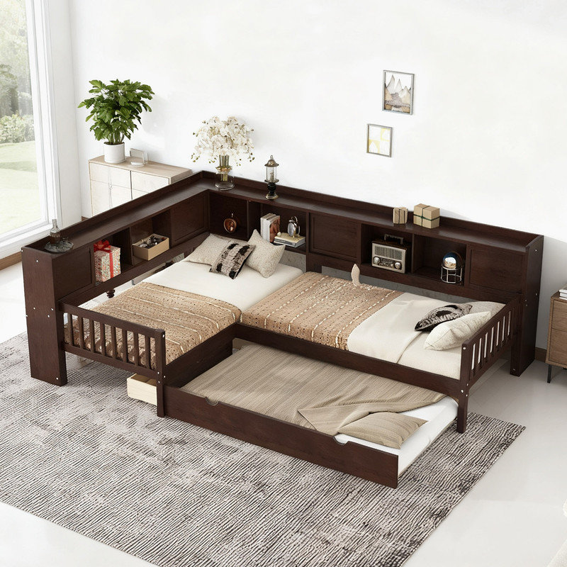 Lit plateforme simple en L avec lit gigogne, tiroirs et tablettes, structure de lit d'angle en bois massif, Espresso
