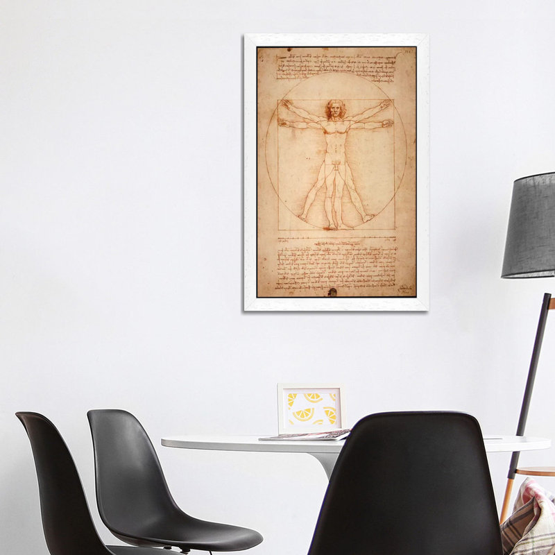 Vitruvian Man by Leonardo Da Vinci - Painting on Canvas, 152.5 cm H x 101.5 cm W, White Floater Framed