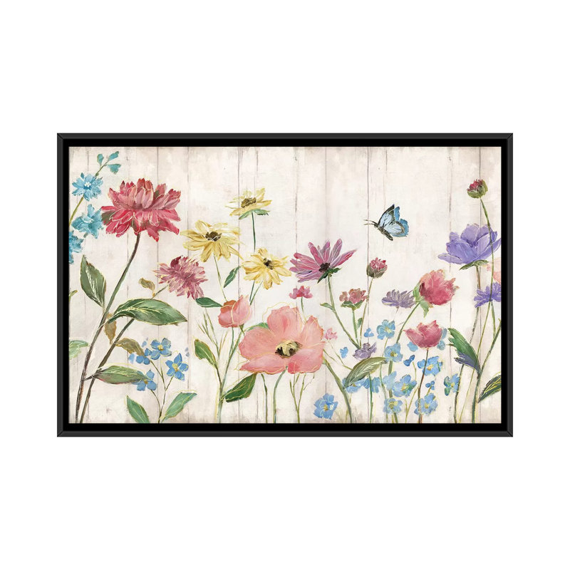«Wildflower Flutter on Wood» par Nan - impression sur toile tendue, H 18 po x l 26 po x P 1,5 po, Toile avec cadre noir