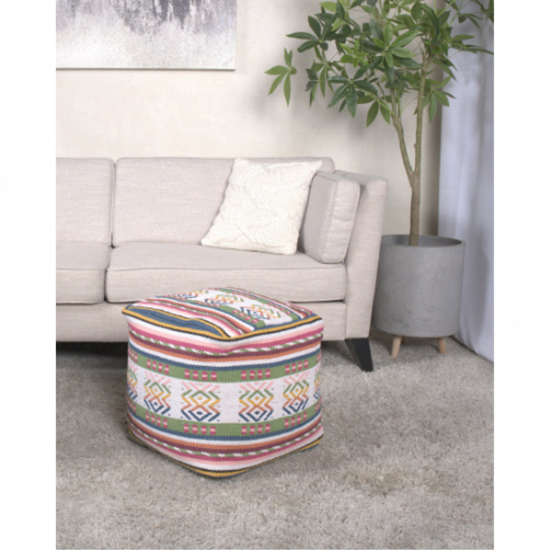 Pouf carré à imprimé péruvien fabriqué à la main Inca, blanc, rose, multicolore