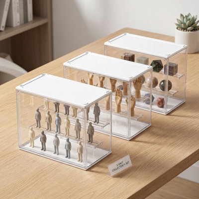 3 Pcs Transparent PET Step Figurine Display Boxes, Magnetic Stackable Action Figure Storage Case with Adjustable Steps