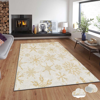 Tapis rectangulaire tissé à la machine en polyester or / blanc