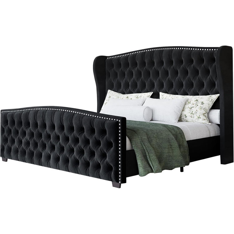 Platform Bed Frame With Wingback Headboard, Black, California King