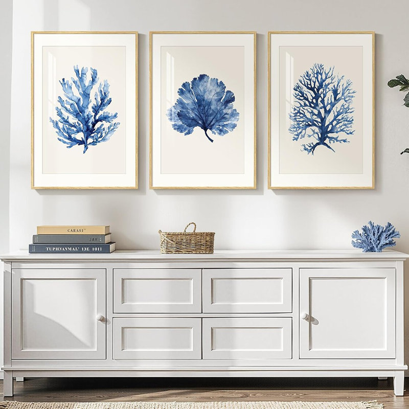 3 pièces d'art mural encadré de corail côtier - aquarelle bleu marine, impressions sur le thème de l'océan pour le salon, la chambre à coucher et le couloir