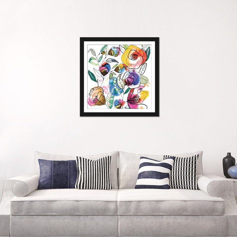 « coloured fleurs », reproduction sur toile, H 16 po x l 16 po x P 1 po, Papier beaux-arts encadré noir, Blanc