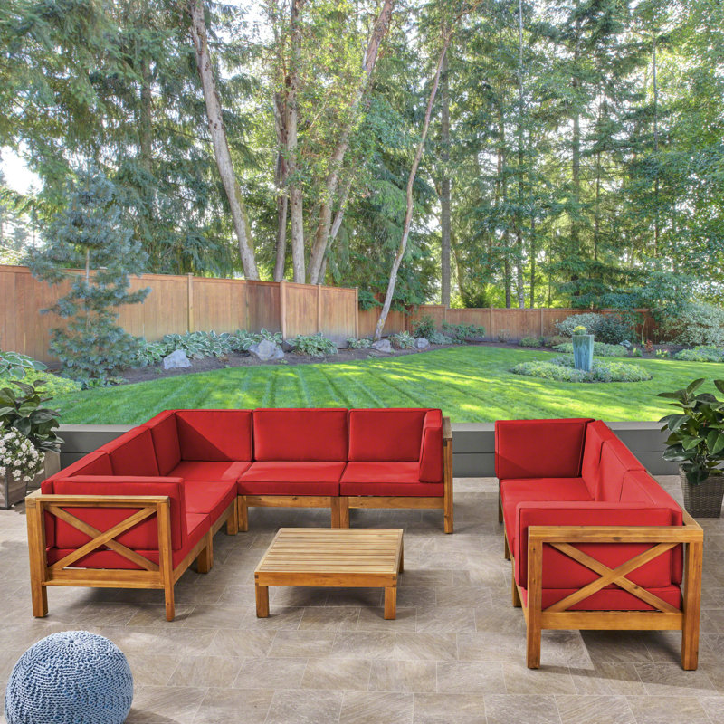Carlton Acacia 8 - Person Patio Conversation Set with Cushions, Teak Frame / Red Cushion