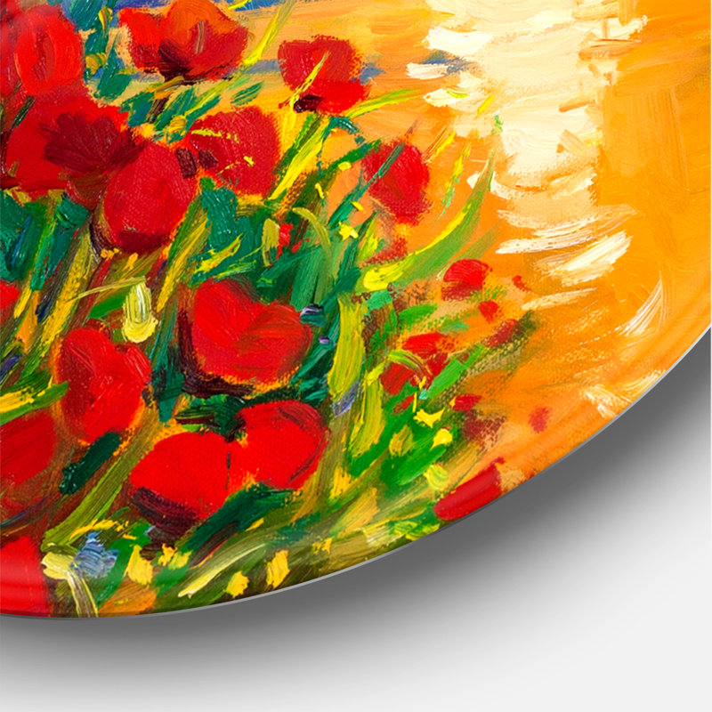 Coquelicots rouges près de l'océan au coucher du soleil - Art mural nautique et côtier en cercle, H 36 po x l 36 po x P 1 po