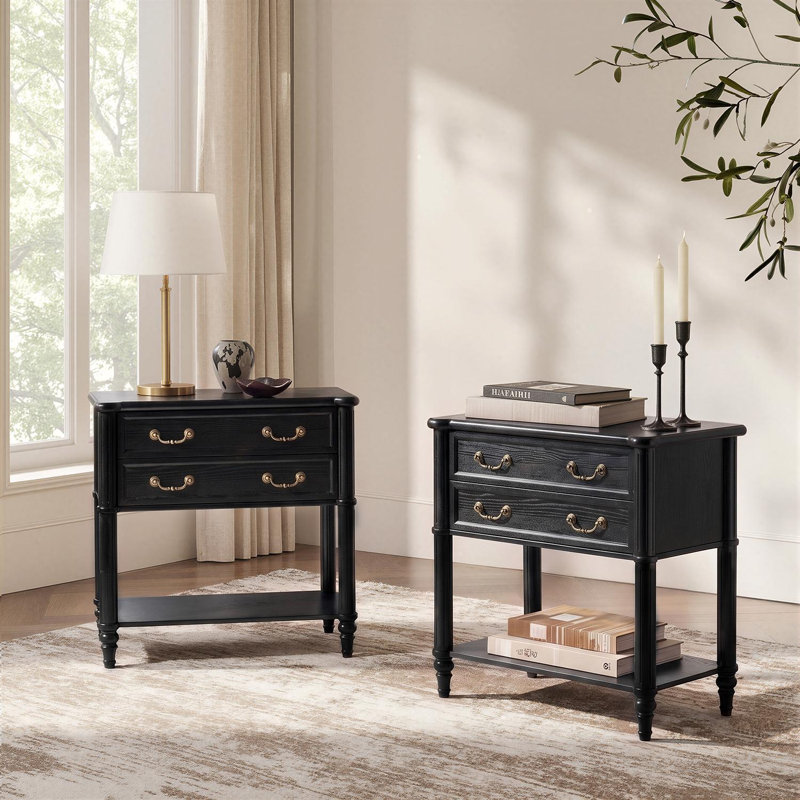 Table d'appoint Hoai 30''W de style transitionnel avec station de charge intégrée USB et Type-C, structure en bois massif et 2 tiroirs (paquet de 2)
