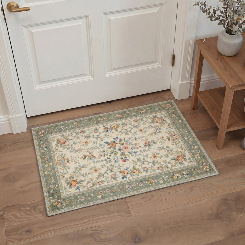 Verdante Vintage Machine Washable Green / Beige Indoor Area Rug with Non-Slip Backing, Rectangle 8' x 10'