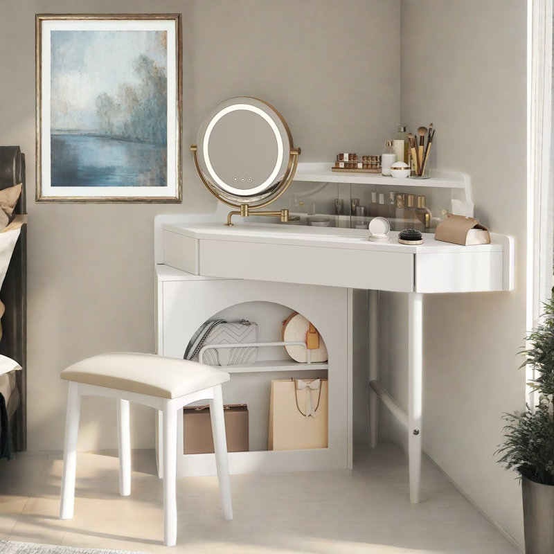 Corner Makeup Vanity Desk With Adjustable Folding Mirror, 3-colour Led Lighting, Adequate Storage And Stool
