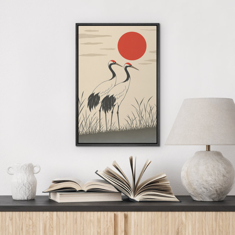 «Red Sun with Two Cranes Minimalist Nature Scene», reproduction d'art sur toile encadrée dans la chambre principale, Noir