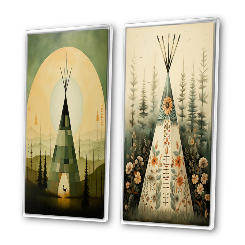 «Green Native Tipi Serenity In Nature», 2 pièces sur toile, Cadre blanc, H 24 po x l 20 po