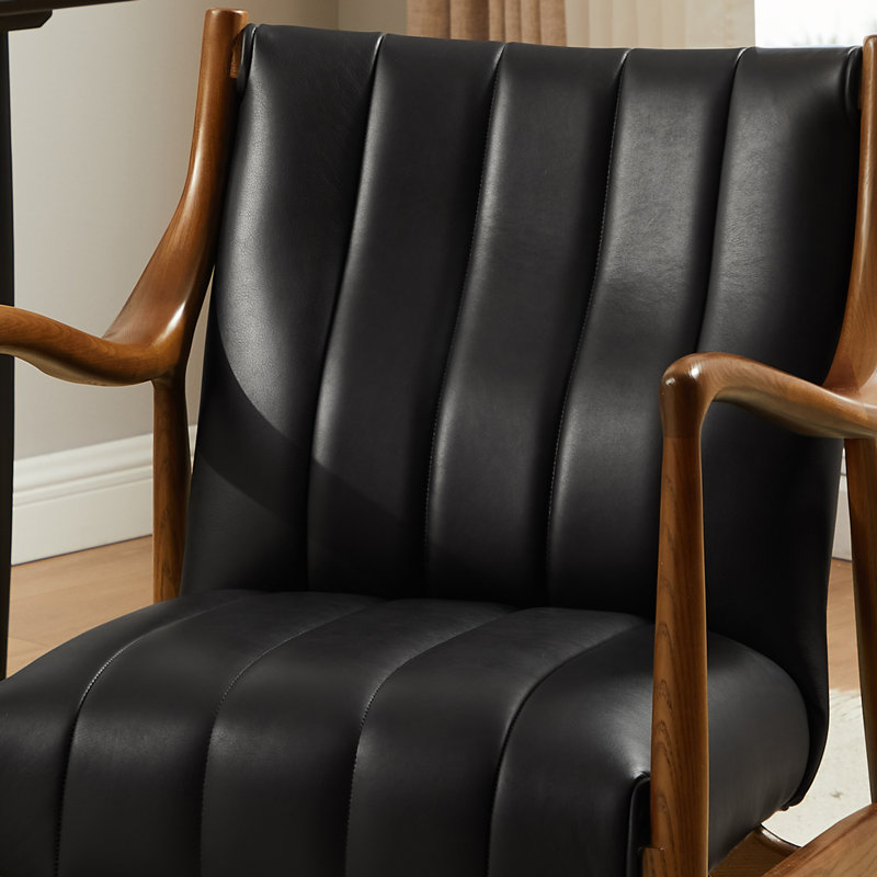 Genuine Leather Upholstered Tufted Accent Armchair With Solid Wood Frame, Black