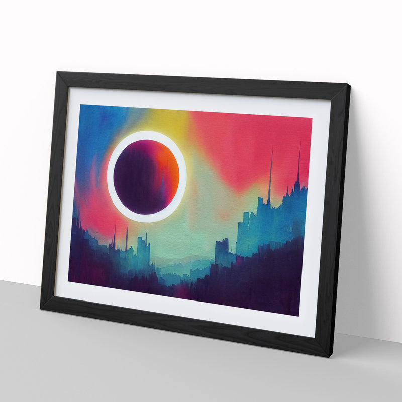 Pretty Watercolour Skyline Abstract - Single Picture Frame Painting, 46cm H x 64cm W x 2cm D, Black Framed