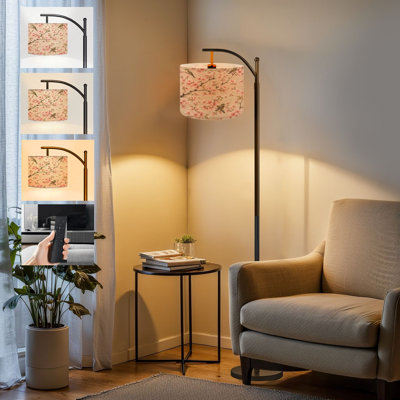  Arc Floor Lamp Willow Warbler bird Spring Cherry blossom garden seamless Vintage Tall Modern Standing Lamp LED Adjustable Linen Lampshade 3 Color Temperatures