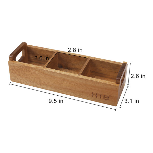 Solid Wood Storage Box with Handle and Three Compartments, Size