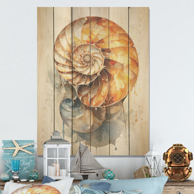 Golden Sea Sheel Spiral I - Nautilus, art sur bois de pin naturel
