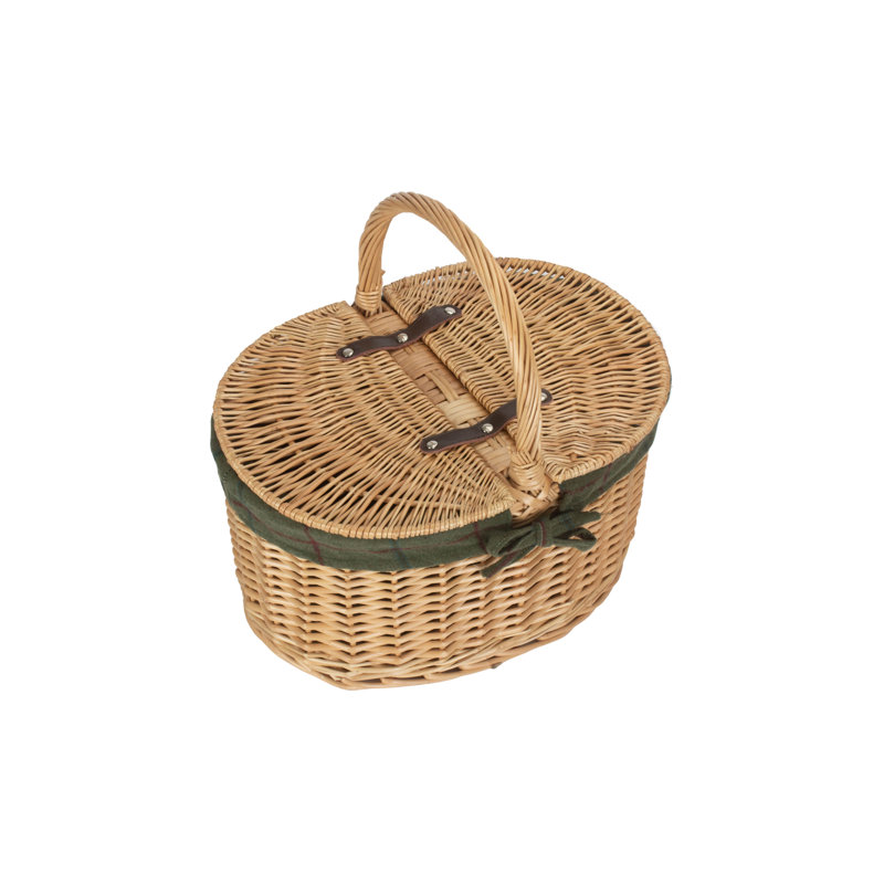 Wicker Lidded Picnic Hamper Basket with Lining, Buff/Green Tweed