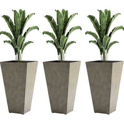 28" Tall Gray Planters With Drainage Hole, Of 3 Outdoor Flower Pots For Patio Deck Porch, Polypropylene Material Pots, And