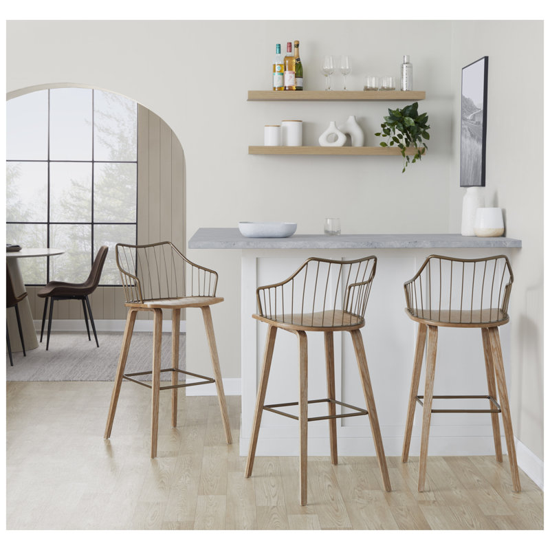 Tabouret de bar à hauteur fixe en bois blanchi et métal cuivré antique avec repose-pieds carré