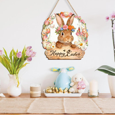 Décoration de Pâques en bois Couronne de porte pour panneau de porte avant Panneaux muraux Décoration de printemps de lapin Signe de lapin creux Œuf de fleur suspendu à la maison