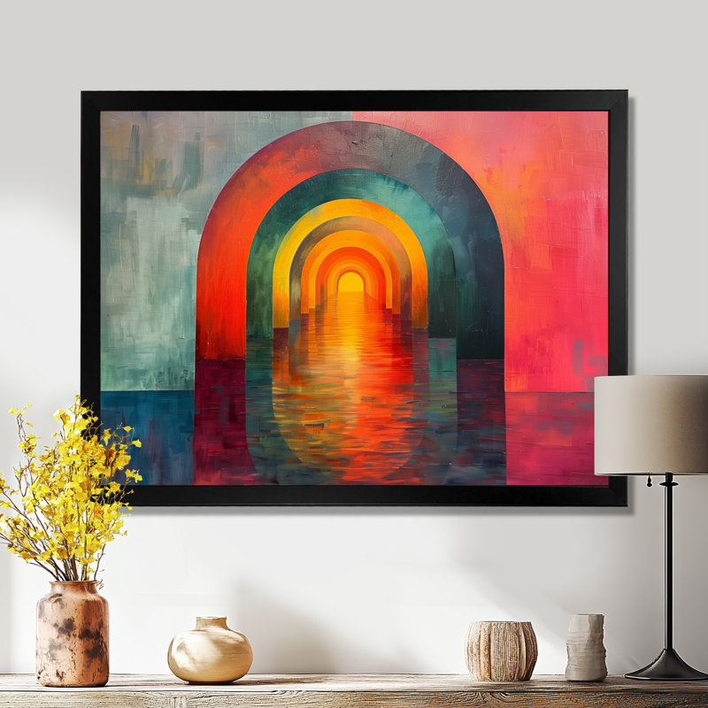 Grotte rose rose verte - Tunnels, art mural, H 12 po x l 20 po, Cadre simple noir, bois massif