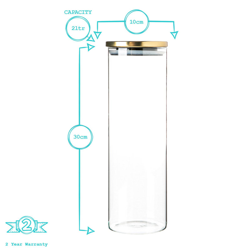 Argon Tableware - Glass Scandi Storage Jar with Metal Lid, 30cm H x 10cm W x 10cm D, Gold