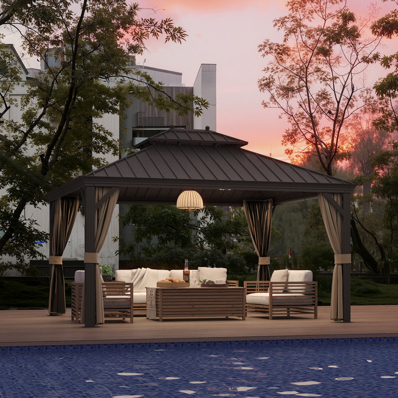 12X14FT Outdoor Hardtop Gazebo with Double Galvanized Steel Roof, Built-In Hooks & Anchored Base for Garden, Patio & Backyard