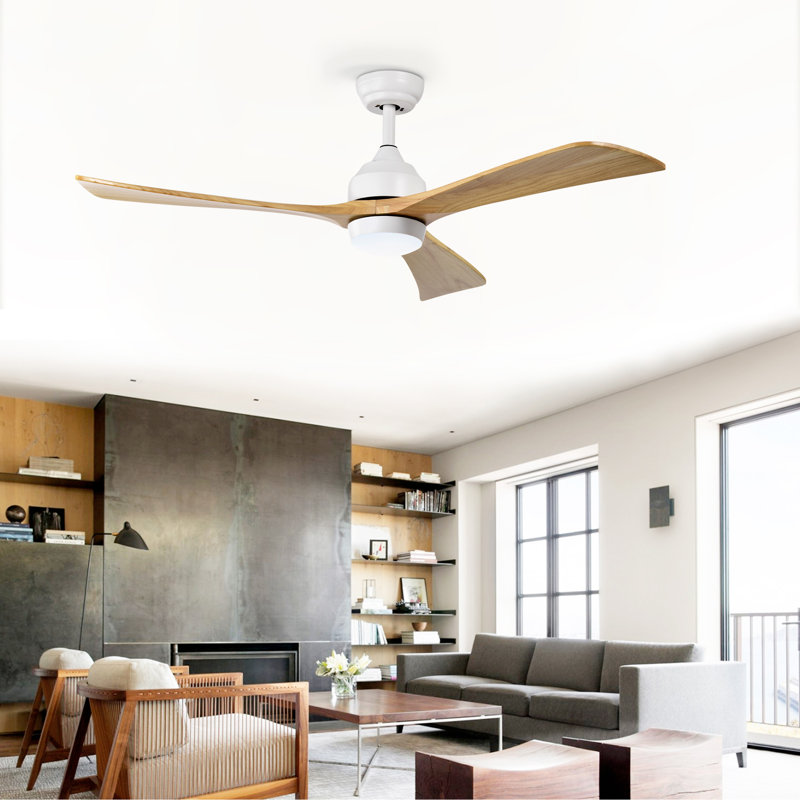 52"  Ceiling Fan With Lights Remote Control, White, Natural Wood