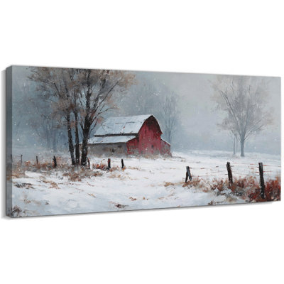  Art mural de Noël scène d'hiver de Noël, peinture murale enneigée de ferme de grange rouge, affiche rustique, photos de décoration murale saisonnière confortable pour le salon, la chambre à coucher, le bureau, 32 x 16 pouces