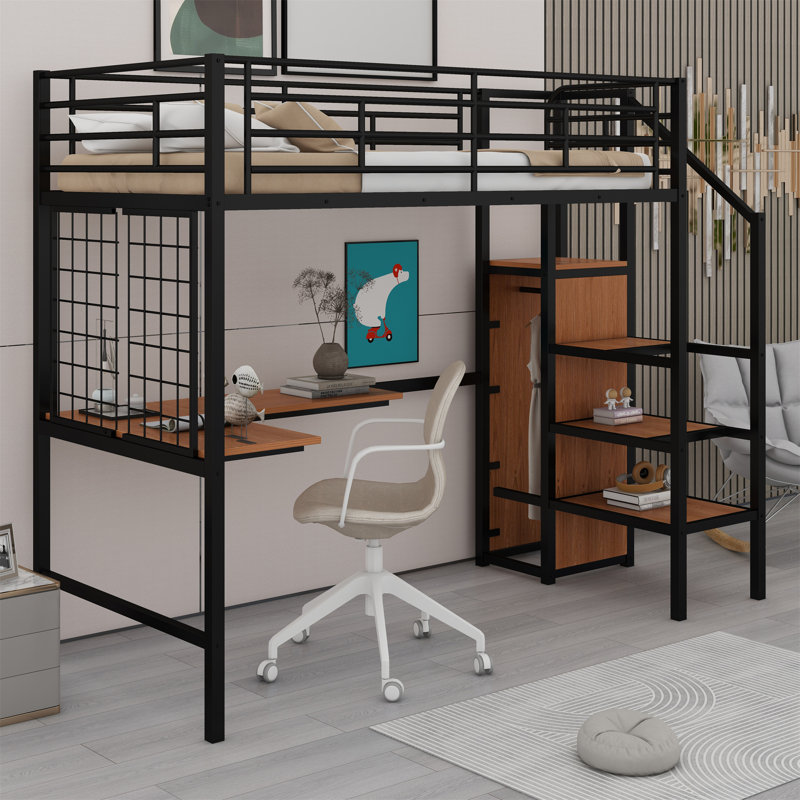 Loft Bed With Desk And Metal Grid, Stylish Metal Frame Bed With Lateral Storage Ladder And Wardrobe, Full, Black