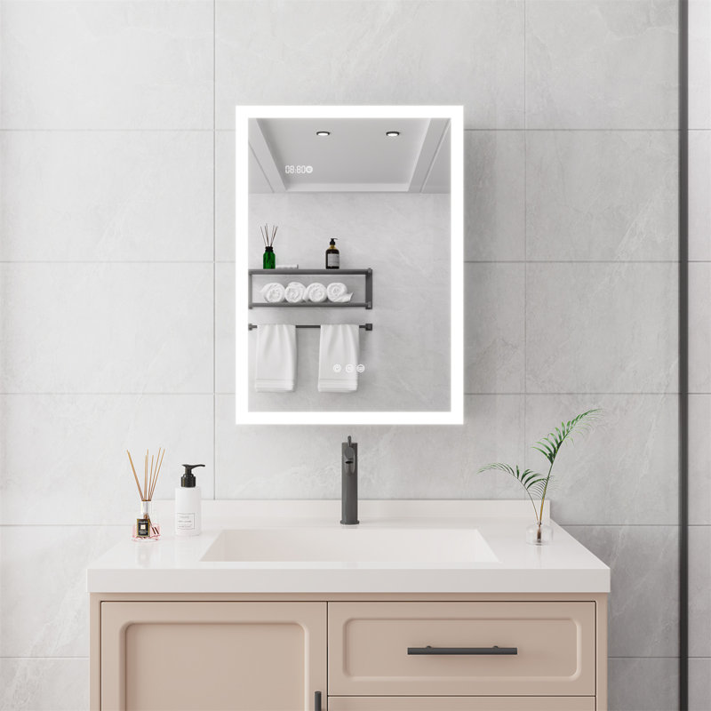 Armoire à pharmacie de salle de bain avec lumières, armoire à pharmacie DEL 28 po x 20 po avec miroir, armoire à pharmacie lumineuse avec désembueur, gradateur, horloge numérique et affichage de la température, montage en surface