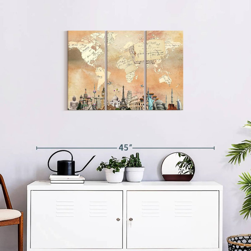 Carte postale, carte du monde, reproduction d'art sur toile, H 20 po x l 33 po x P 1,25 po