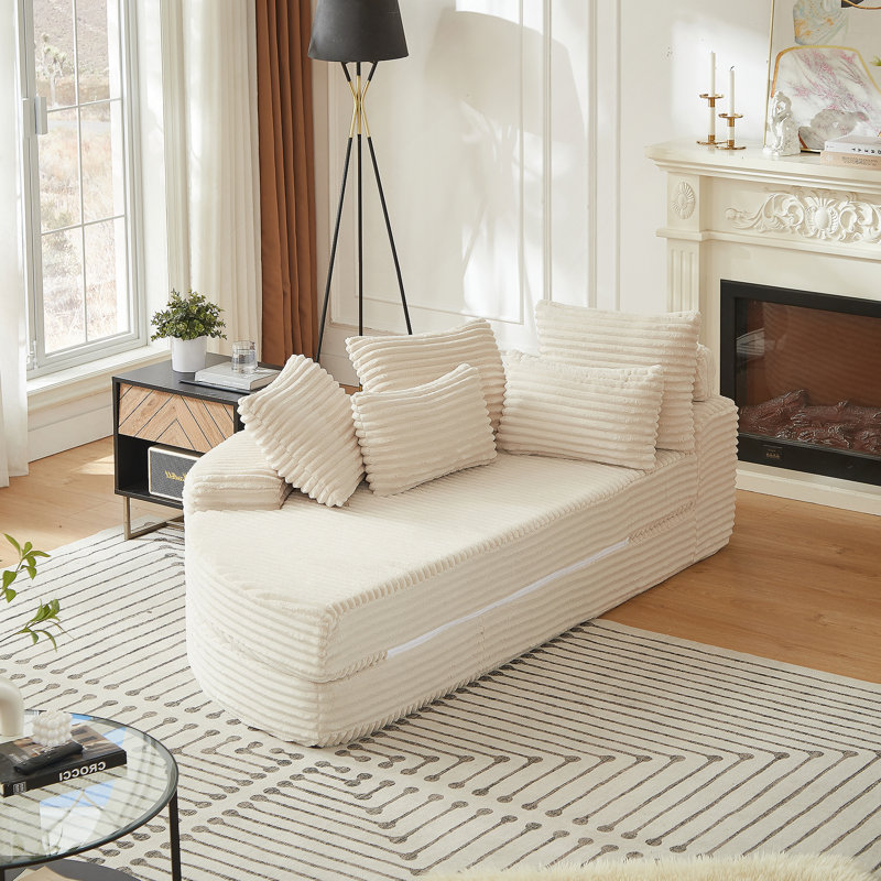 Canapé-lit semi-circulaire 78,5 pouces en velours côtelé 2-en-1 78 pouces, fauteuil inclinable design avec coussin pour le cou et cinq coussins décoratifs dans le salon