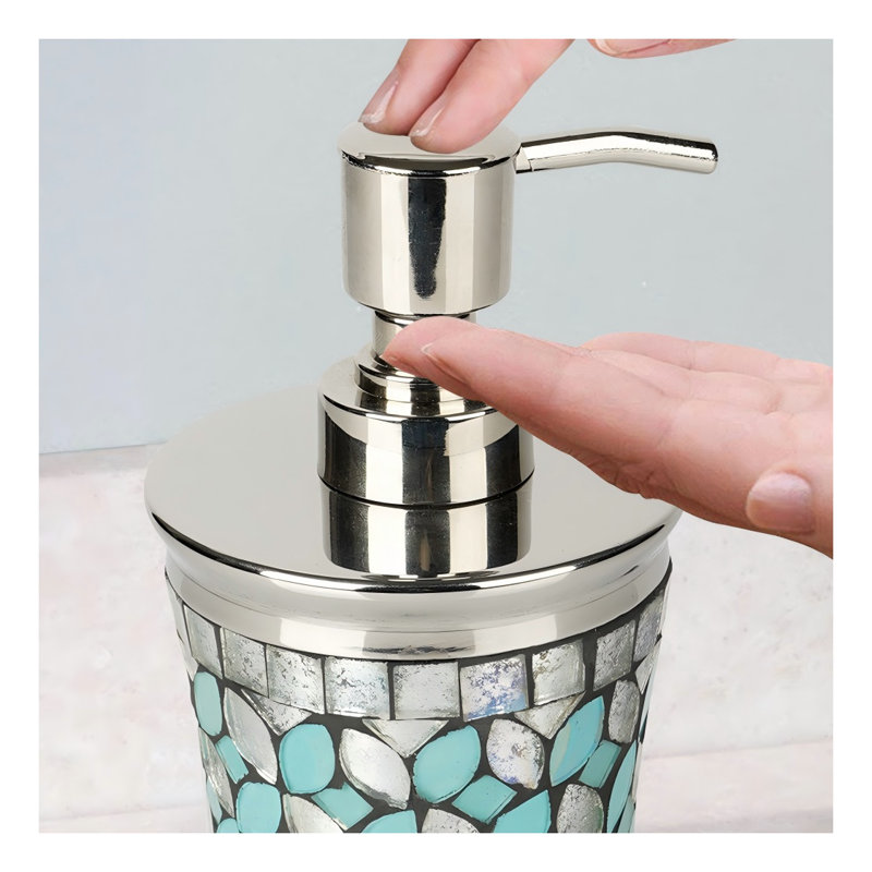 Distributeur de savon liquide en verre turquoise et argent avec mosaïque